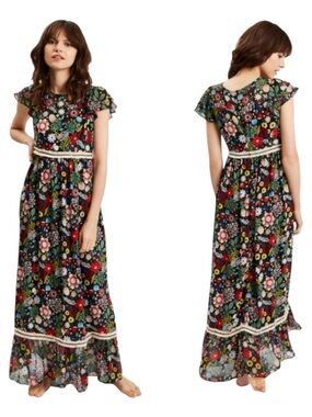 ModCloth Traffic People 60s Floral Fringe Maxi Dress Size XS NEW